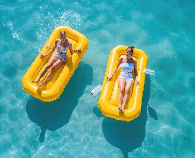 Foto due donne che galleggiano sull'oceano su zattere gonfiabili