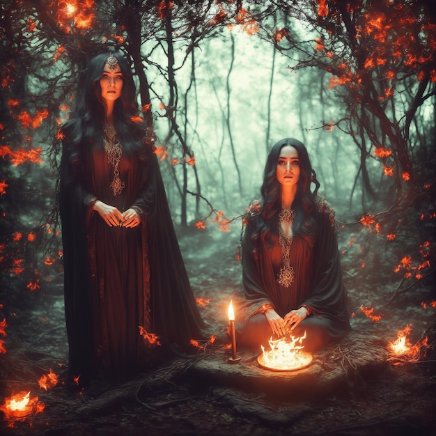 Две женщины в лесу на фоне костра