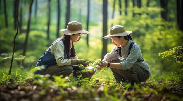 Two women in a forest with a forest in the background