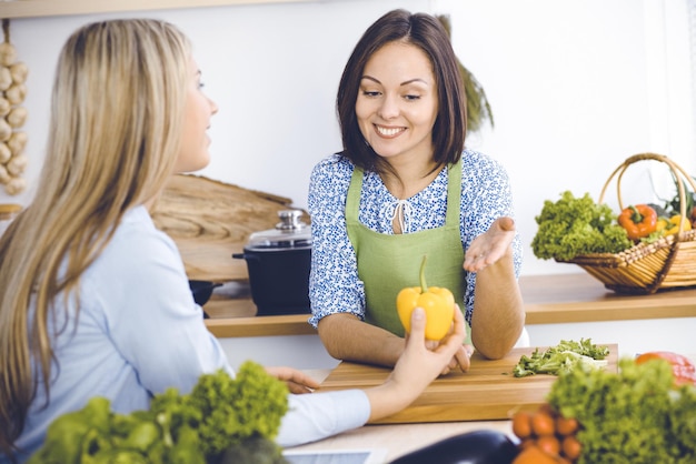 Two women friends choose the recipe and ingredients for a delicious meal while sitting at the kitchen table Vegetarian concept