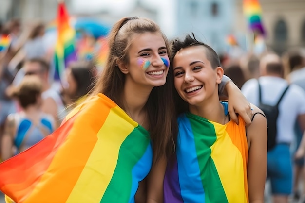 Two women friends hanging out in the city at a parade wrapped up in a pride flag Generated AI