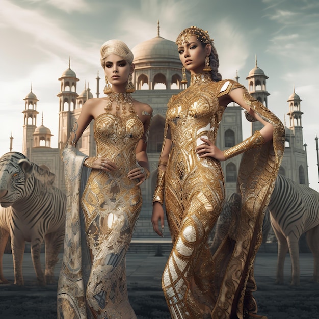 Two women in gold dresses stand in front of a building with a building in the background.