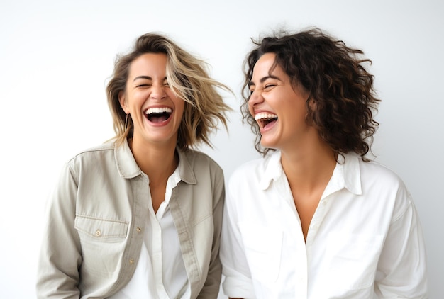 Foto due donne di buon umore sorridendo ridendo rinfrescate felici allegre generative ai