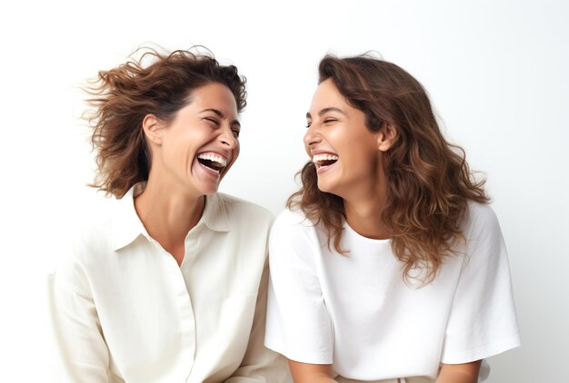 좋은 기분의 두 여성은 웃고 웃으며 색 배경에서 즐겁고 즐겁게 즐겁게 웃습니다.