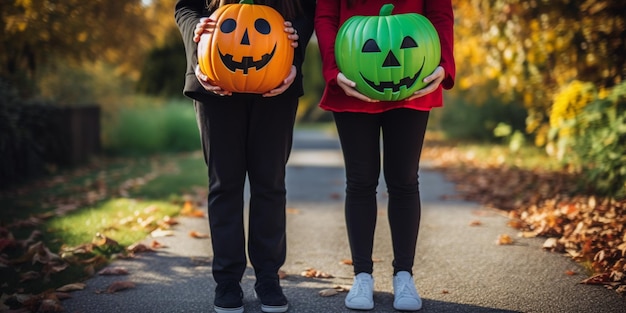 two women in halloween costumes holding pumpkins on a path generative ai