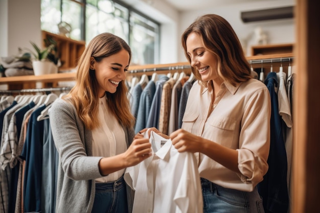 Две женщины с радостью берут красивую футболку в магазине одежды.