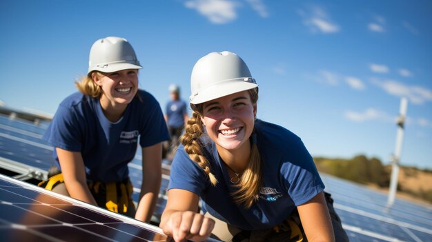 Photo two women in hard hats installing solar panels