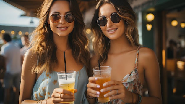 two women holding drinks and smiling at the camera Generative AI