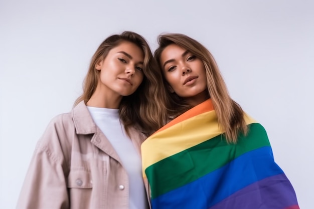 two women holding rainbow color flag