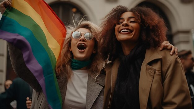 Foto due donne in possesso di una bandiera arcobaleno e sorridente