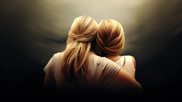 Photo two women hug each other in a dark room