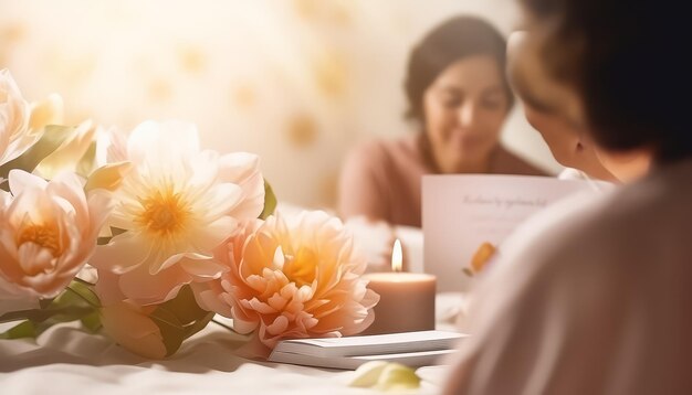 写真 2人の女性がピンクの花の畑で抱きしめ合っている