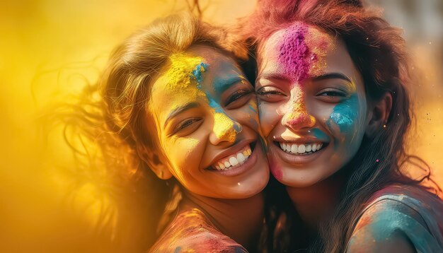 Two women hugging in colors happy holi indian concept