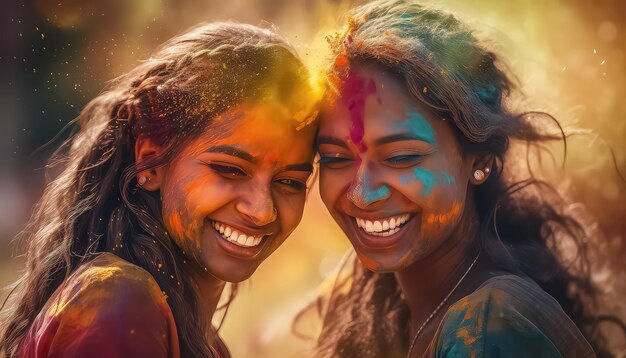 Two women hugging in colors happy holi indian concept