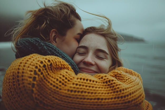 Two women hugging each other in front of a body of water