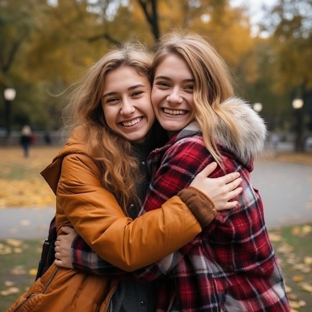 two women hugging each other in a park