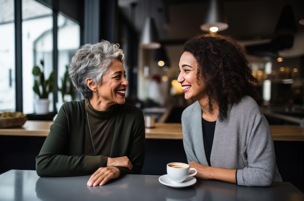 写真 コーヒーショップの2人の女性が互いに見つめ笑っています