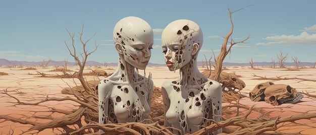 사진 사막에 있는 두 여인, 그 중 한 명은 단어를 가지고 있고, 다른 한 명은 왼쪽에 있습니다.