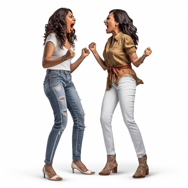 Two women in jeans and a shirt with the words " high " on them.