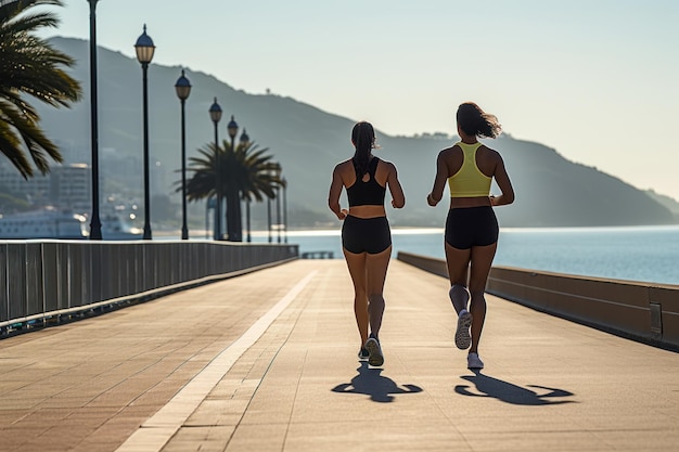 Two women jogging on beach promenade embracing a fit lifestyle during summer