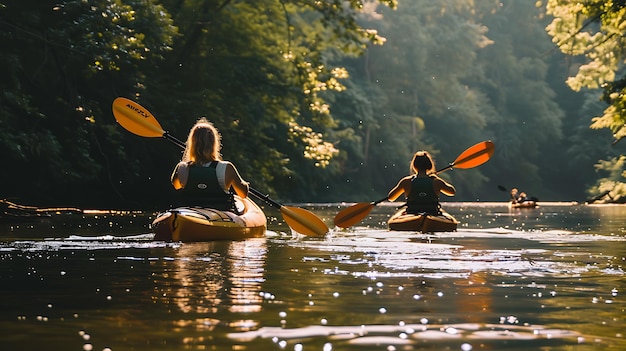 Two women kayaking on a river on a sunny day The women are wearing life jackets and paddling through the water