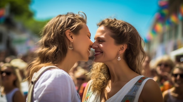 Photo two women kiss in front of a crowd