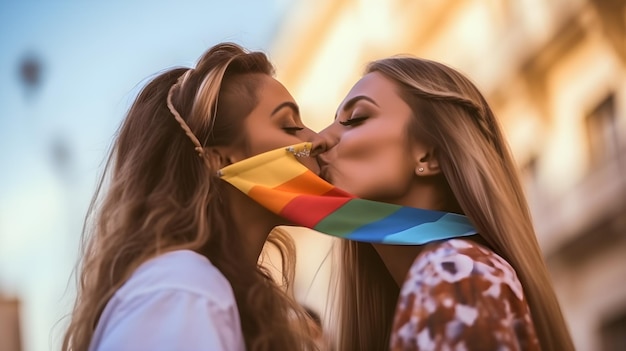 사진 거리에서 키스하는 두 여자