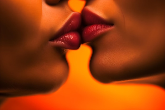 Two women kiss on an orange background