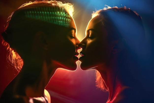 Two women kissing each other's lips with light playing Generative AI