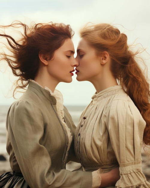 두 여자가 서로 키스하고 있다
