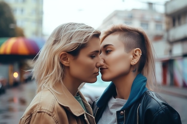 Two women kissing on the street