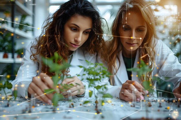 Photo two women in lab coats examining plants