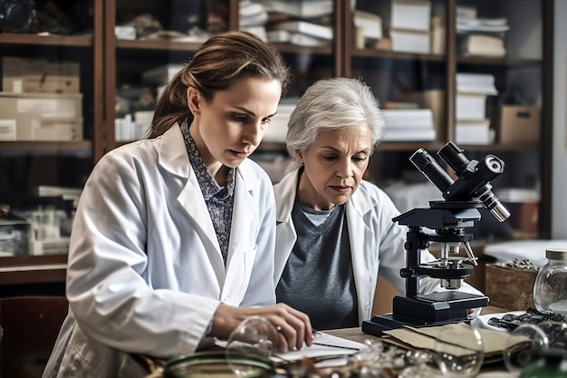 Two women in lab coats look through a microscope.