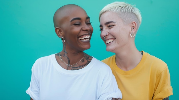 Photo two women laughing heartily against a turquoise background