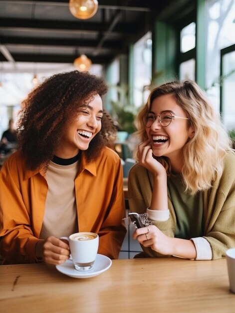 Photo two women laughing and laughing one has a coffee cup on her right hand