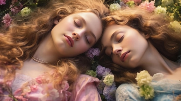 two women laying down in a field of flowers