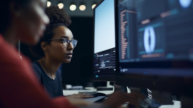 Two women looking at a computer screen with the word code on it.