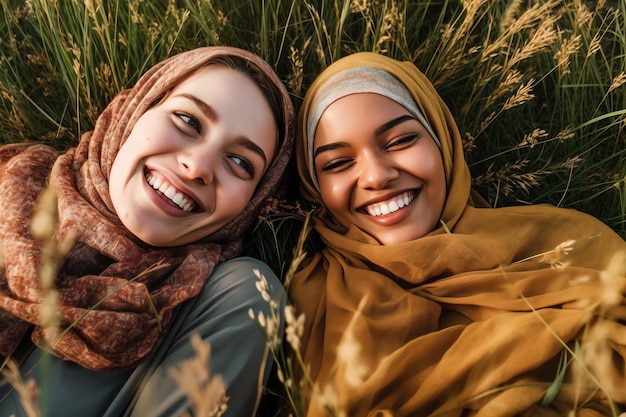 Two women lying on the grass, one wearing a headscarf and the other wearing a headscarf.