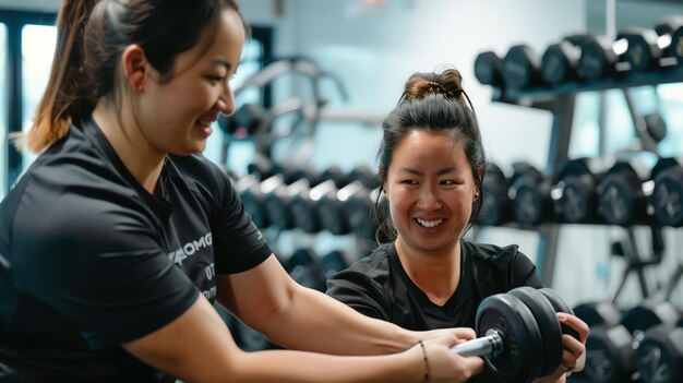 Photo two women a personal trainer and a client laugh as they lift weights in a gym