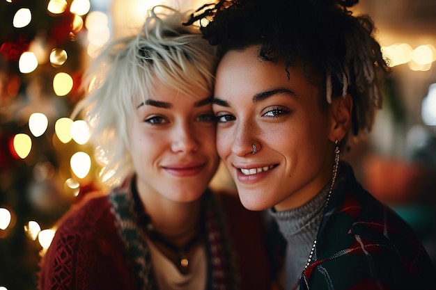 写真 2人の女性がクリスマスツリーを背に写真を撮るポーズをとっています