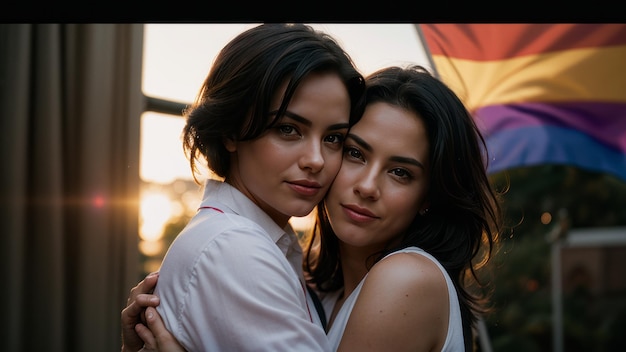 Photo two women pose for a picture with a rainbow flag behind them