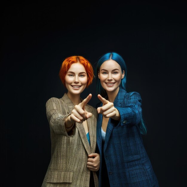 two women pose for a picture with the word  the one pointing