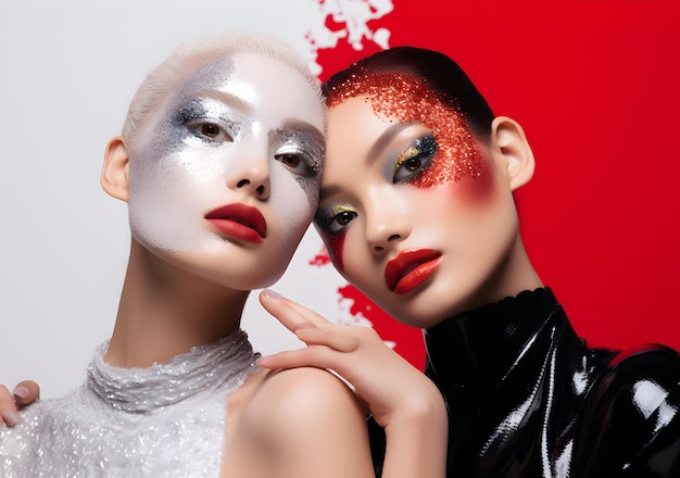 two_women_pose_together_with_a_red_background