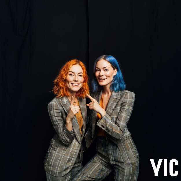 two women posing for a photo in front of a black background