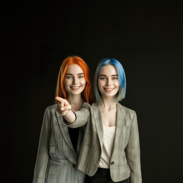 two women posing for a photo with one pointing at the camera