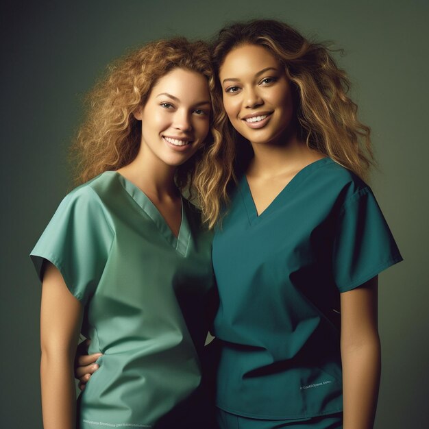 Photo two women posing for a photo with one wearing green