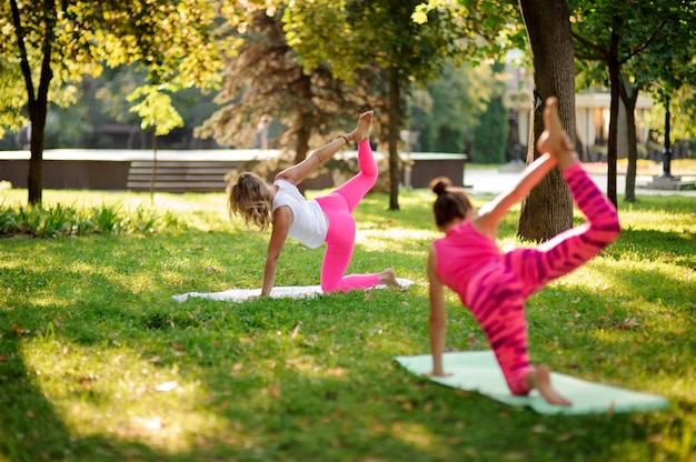 Two women practicing yoga in the park in the half bow pose.