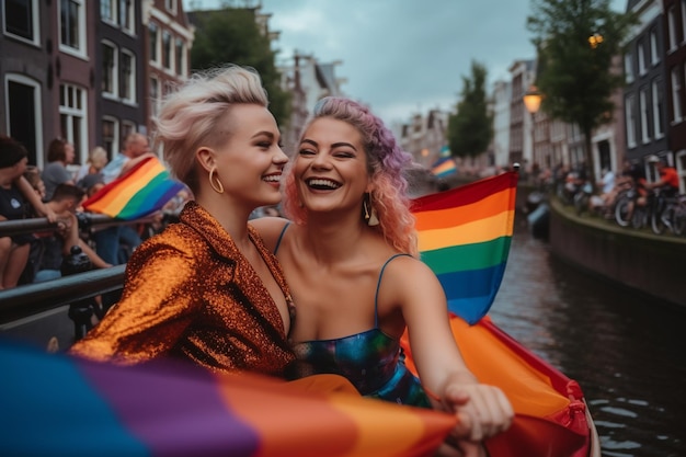 Photo two women in a rainbow flag boat on amsterdam