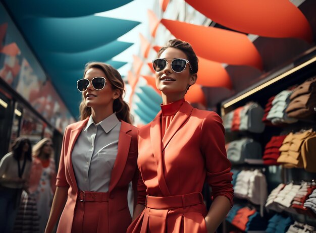 Foto due donne in abiti rossi e neri stanno davanti a un ombrello colorato.