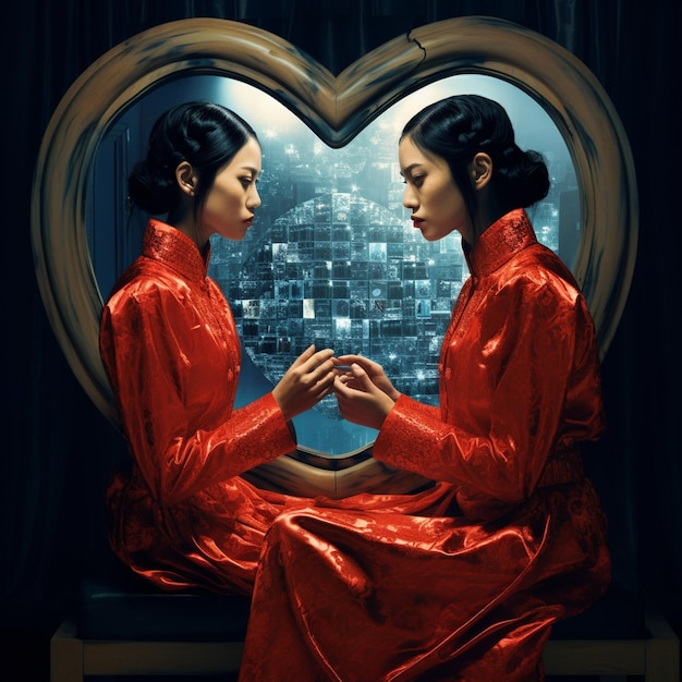 赤いドレスを着た2人の女性が、窓に掲げられた「愛」という文字が書かれたハートの前に座っている。